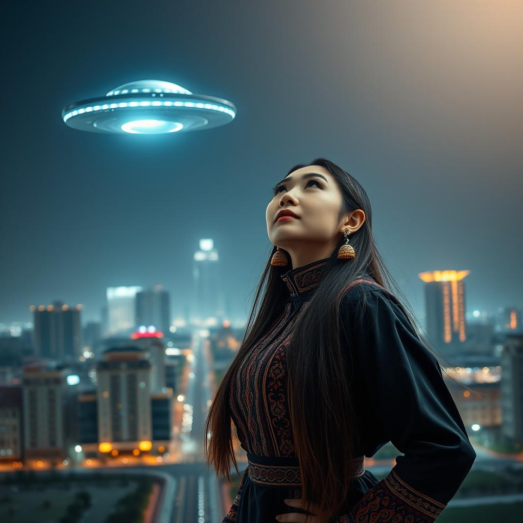 A striking portrait of a Ulaanbaatar woman standing confidently in a futuristic urban landscape, with traditional Mongolian motifs subtly integrated into her modern attire