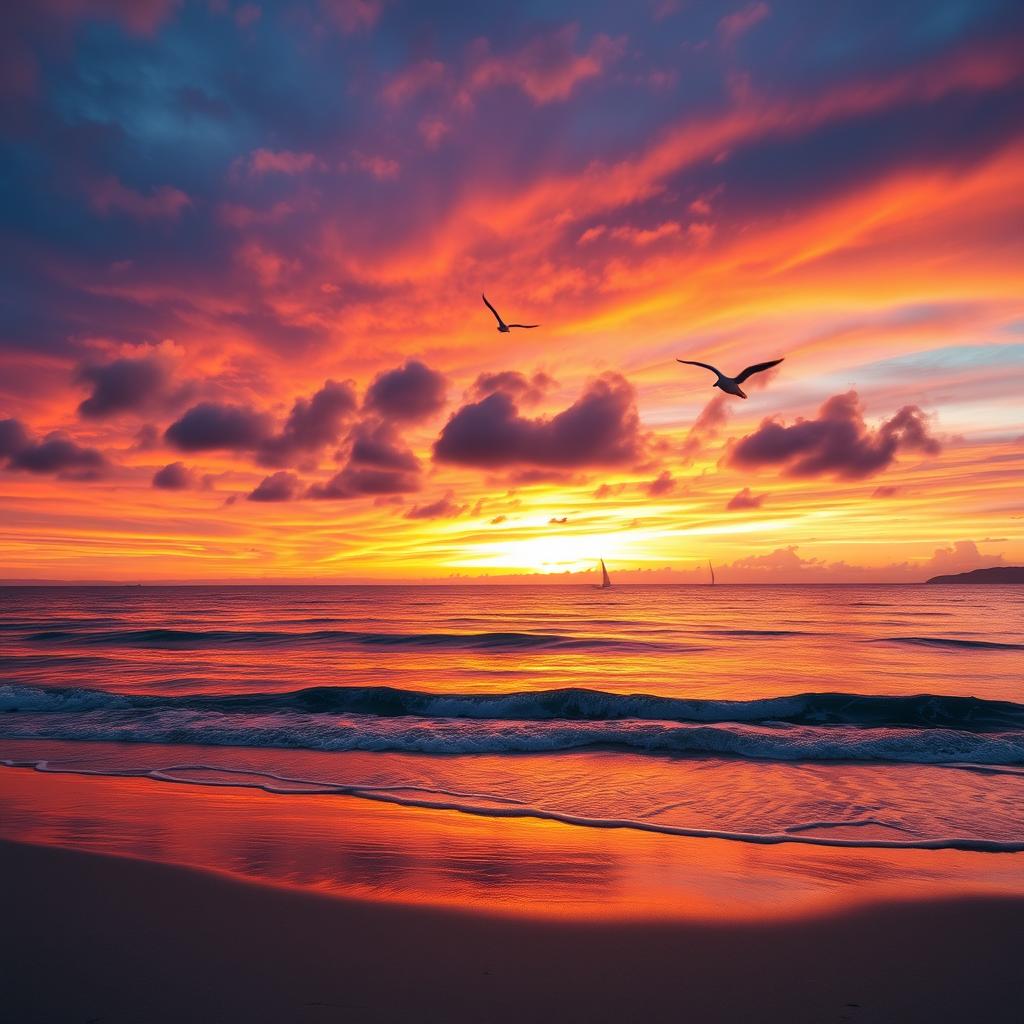 a vibrant sunset over a tranquil beach, with colorful skies filled with hues of orange, pink, and purple