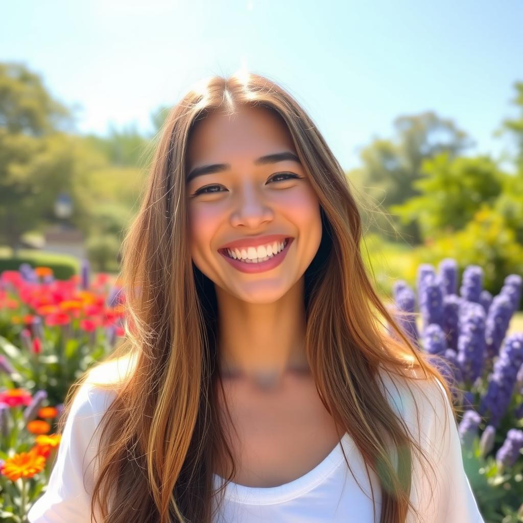 A joyful young woman with long, flowing hair, smiling widely to reveal her bright, white teeth