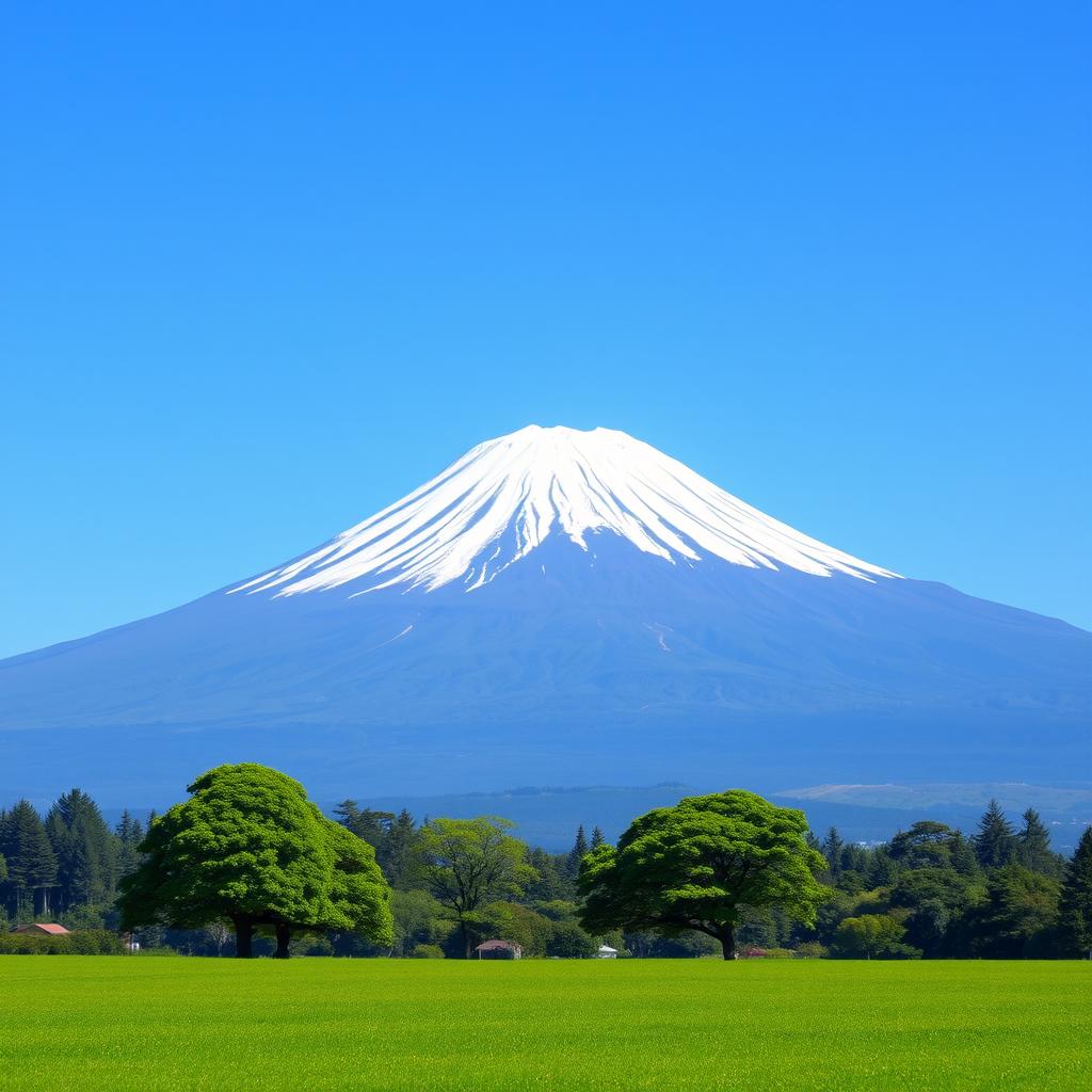 A majestic Mount Fuji dominates the scene, strategically placed slightly off-center for a captivating view