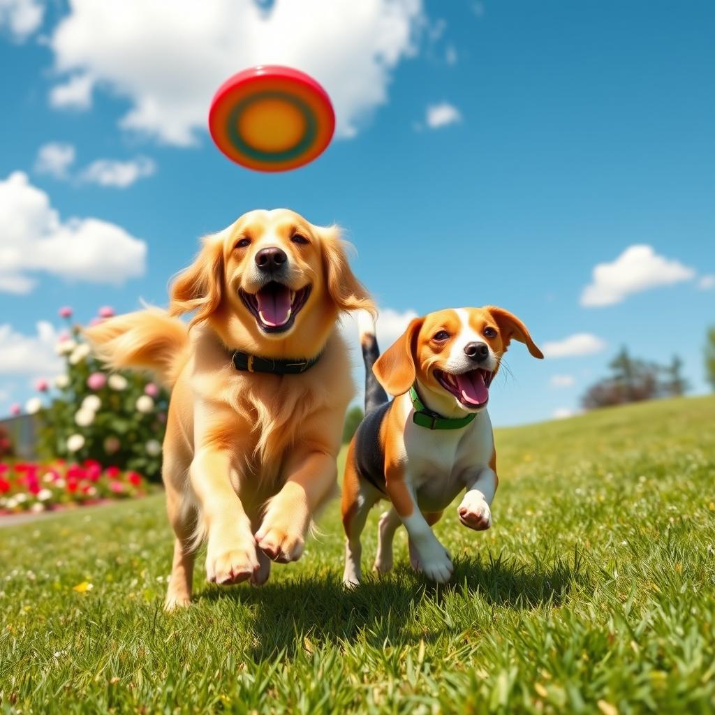 Two playful dogs in a vibrant, grassy park, one is a golden retriever with a shiny coat while the other is a small, energetic beagle, both chasing a colorful frisbee