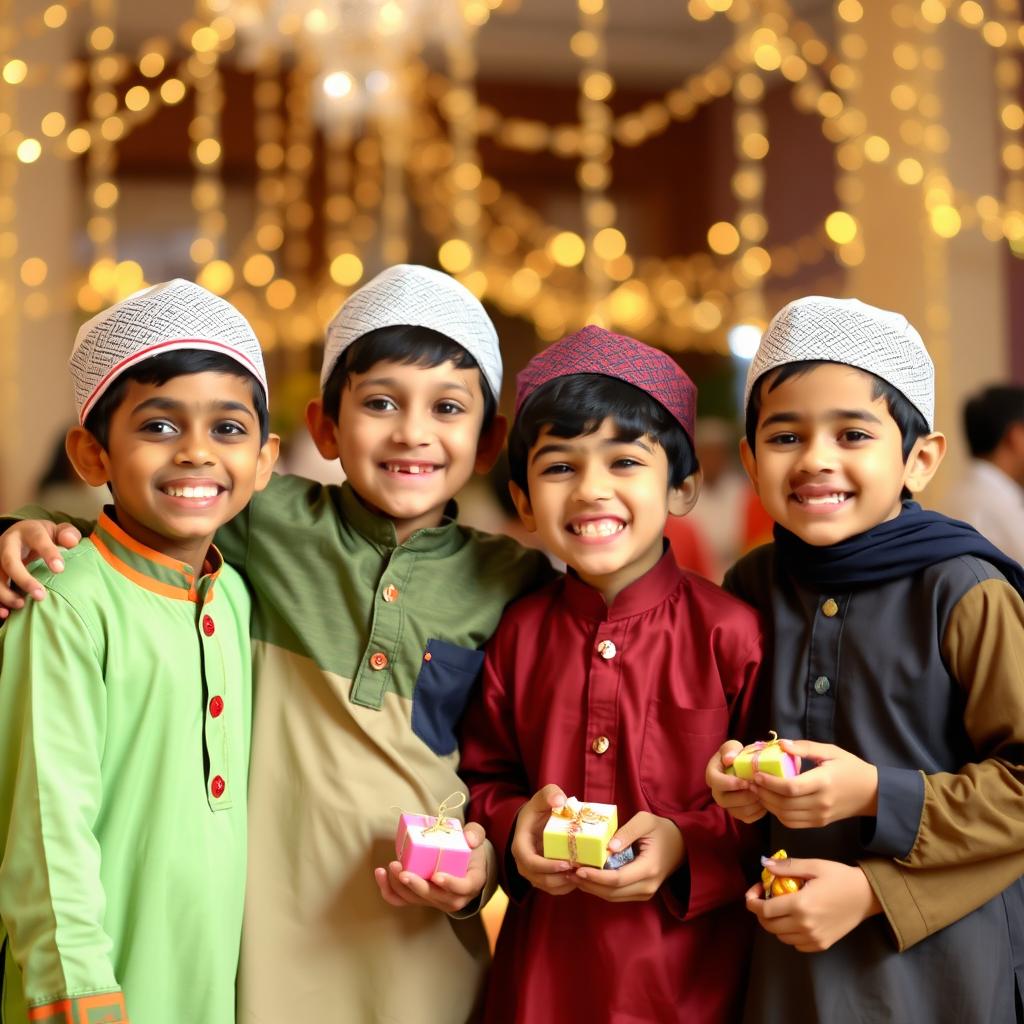 Four joyful Muslim boys celebrating Eid Ul Fitr, dressed in traditional colorful kurtas and caps, smiling and laughing together