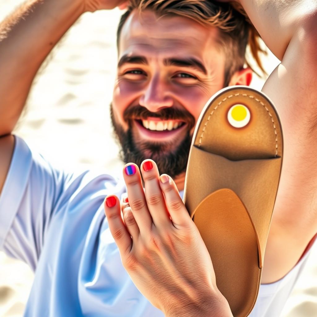 A bearded man confidently wearing stylish women's sandals, showcasing painted toenails and fingernails
