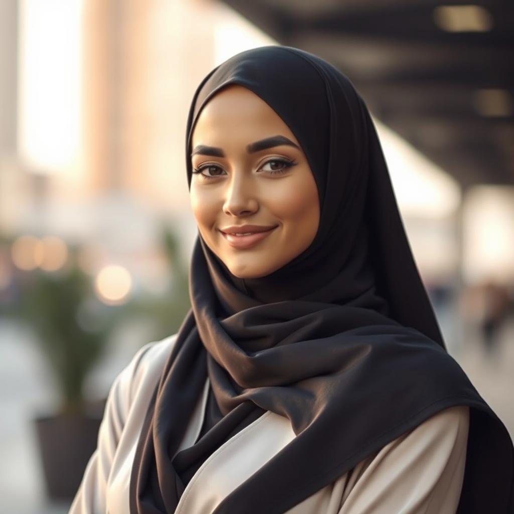 A beautiful woman wearing a stylish hijab, exuding confidence and grace