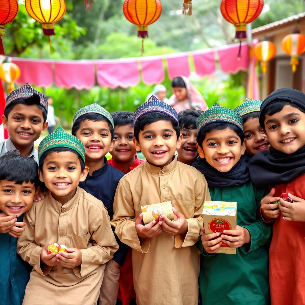 A group of joyful young Muslim boys celebrating Eid Ul Fitr