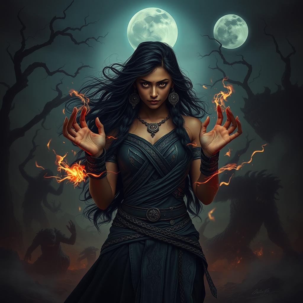 A young Indian woman Asur, embodying dark magical powers, stands boldly in a desolate, shadowy world filled with ominous creatures