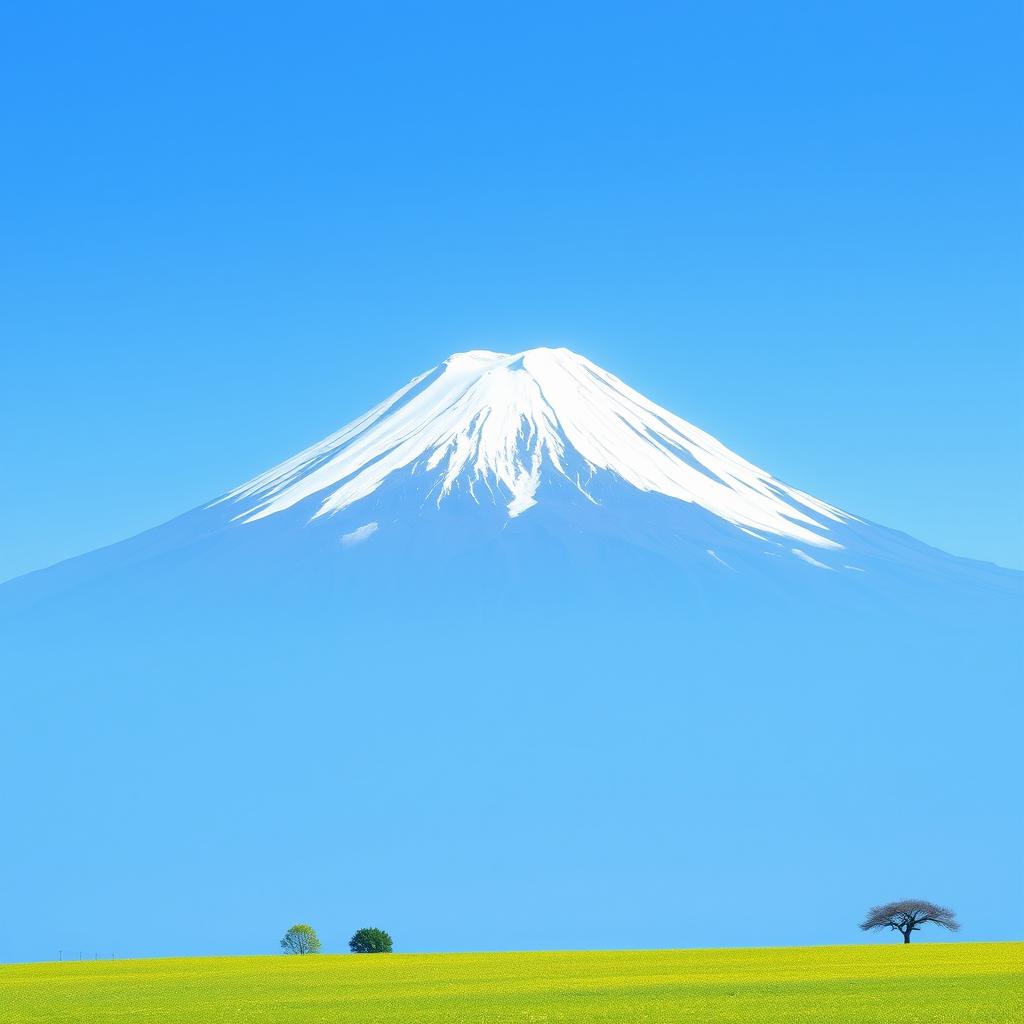 A majestic Mount Fuji dominates the scene, placed slightly off-center for a captivating view