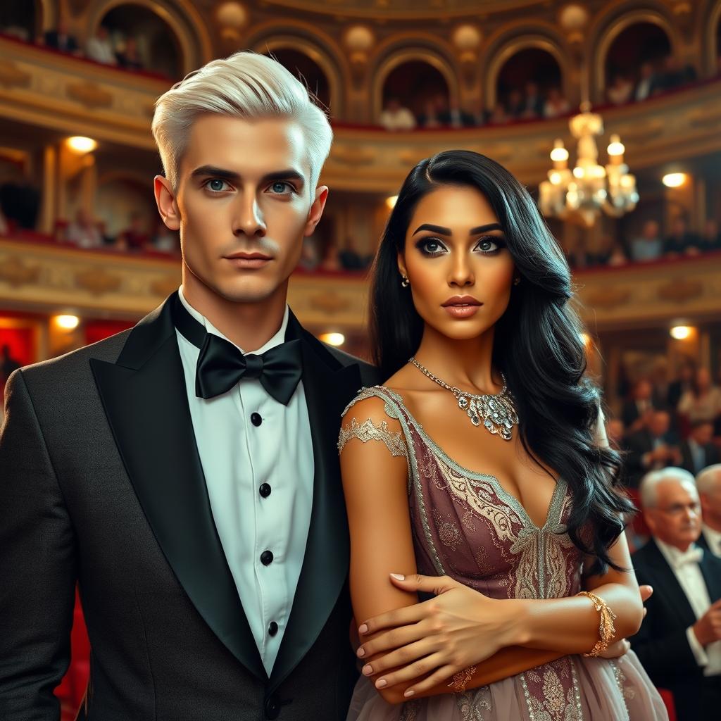 A tall young Russian white blonde man with striking gray eyes, and his beautiful Mexican partner with tanned skin and long black hair