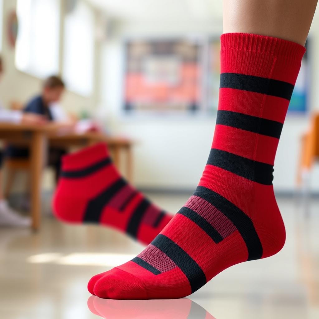 A pair of stylish school socks featuring bold red and black stripes, displayed prominently