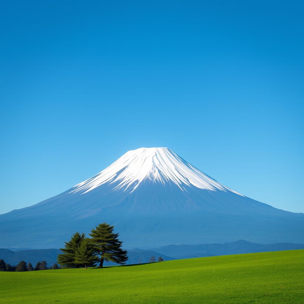 A majestic Mount Fuji dominates the scene, placed slightly off-center for an engaging composition