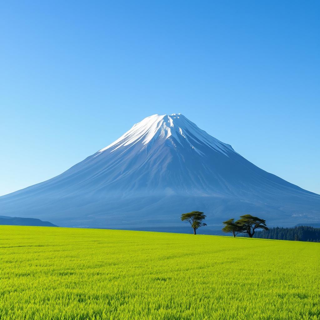 A majestic Mount Fuji dominates the scene, placed a little off-center for a captivating view