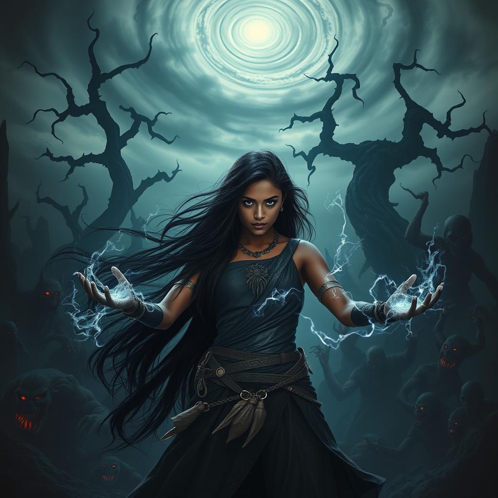 A young Indian woman Asur, radiating dark magical powers, stands fiercely in a shadowy realm filled with diabolical creatures