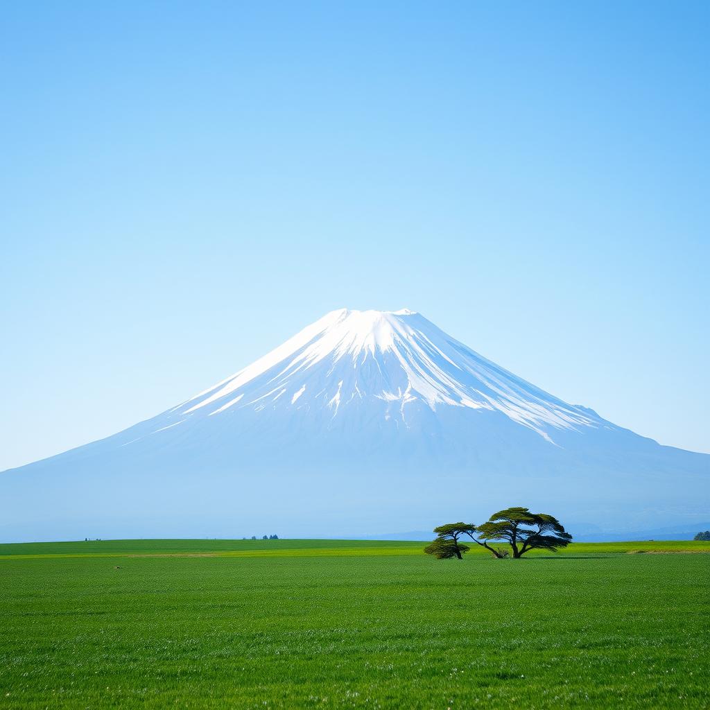 A majestic Mount Fuji dominates the scene, deliberately placed a little off-center for visual interest