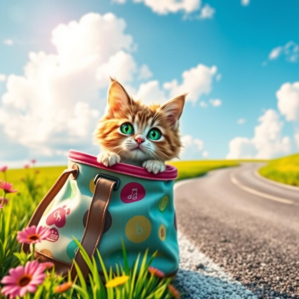 A whimsical scene featuring a playful cat peeking out of a colorful bag while sitting by the side of a winding road