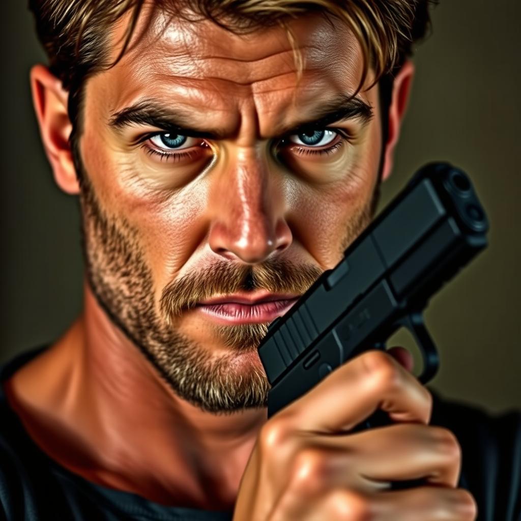 A close-up portrait of a rugged man with a stern expression, showcasing strong jawline and piercing blue eyes