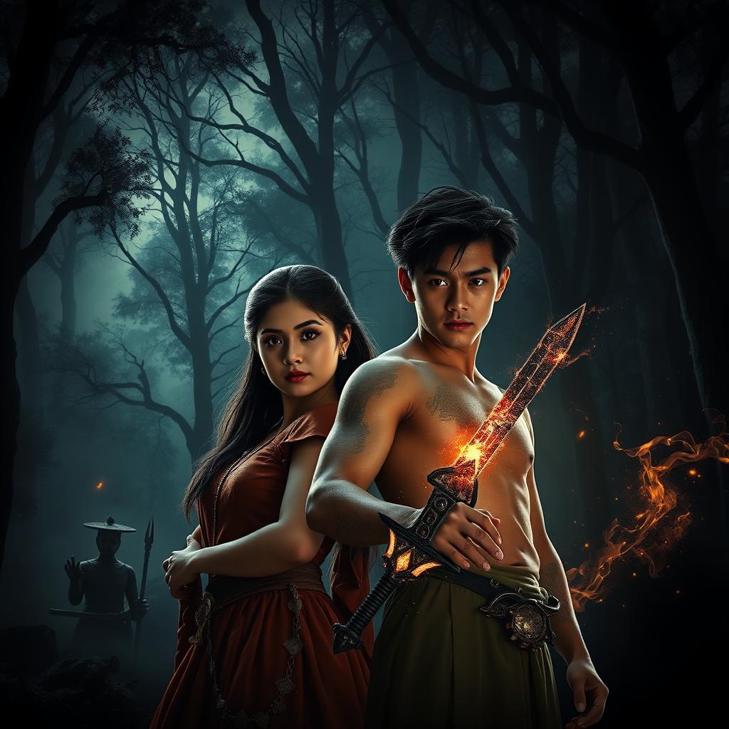 A cinematic action-horror film poster depicting Sweety, a young woman with an adventurous spirit, alongside Maya, a mysterious young man radiating an alluring but dark energy