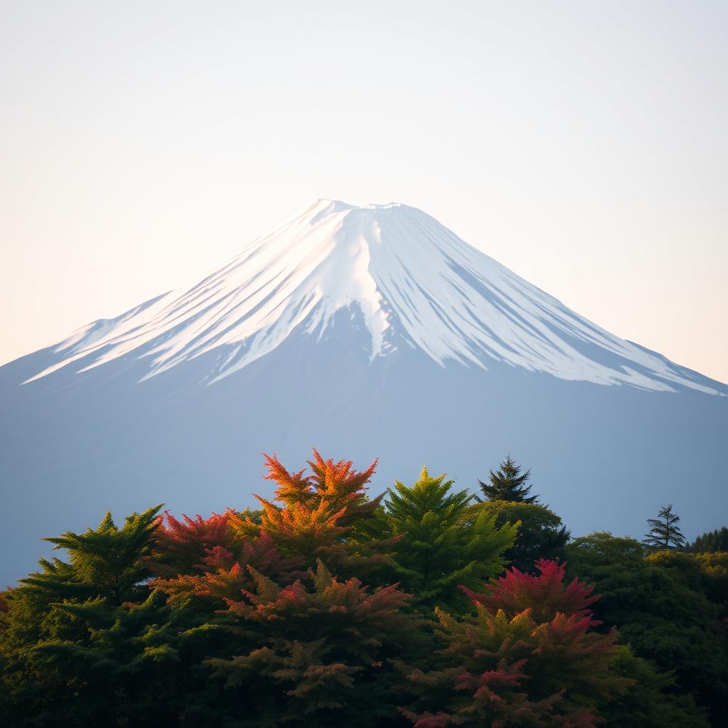 A majestic snowy Mount Fuji prominently featured, its peak slightly off-center, soaring into a serene clear sky