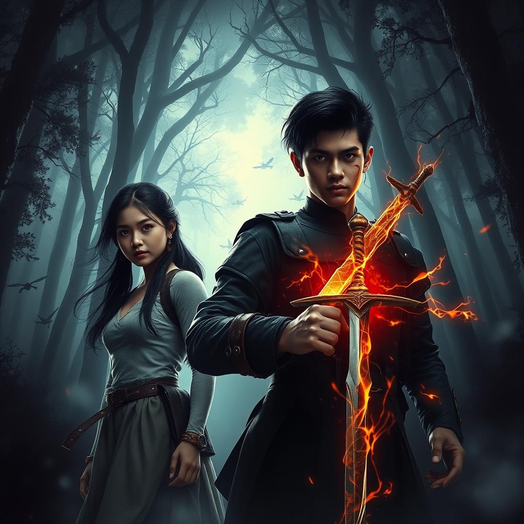 A captivating cinematic action-horror film poster featuring Sweety, a young woman with an adventurous spirit, and Maya, a mysterious young man with an enigmatic aura