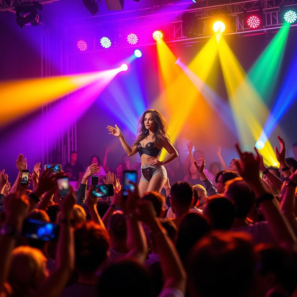 A captivating scene featuring a female performer on stage, illuminated by vibrant stage lights, with a cheering crowd in the foreground