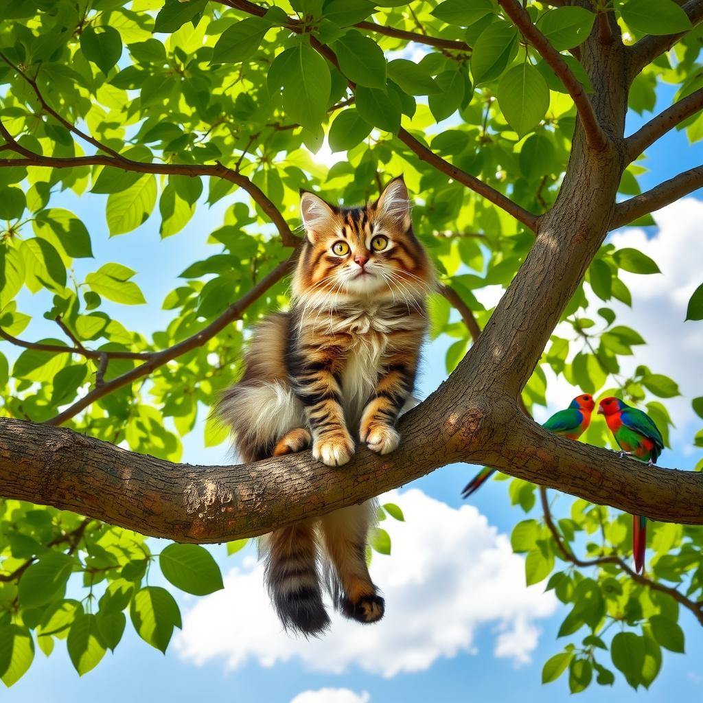 A fluffy tabby cat sitting comfortably on a sturdy branch of a lush green tree
