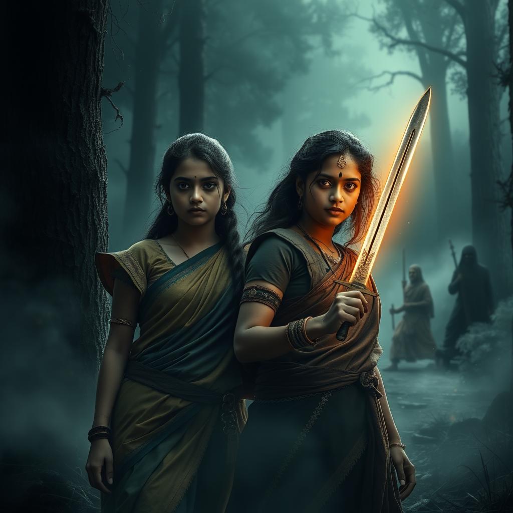 A breathtaking cinematic action-horror film poster depicting Sweety and Maya, both young Indian characters, immersed in a captivating dark fantasy setting