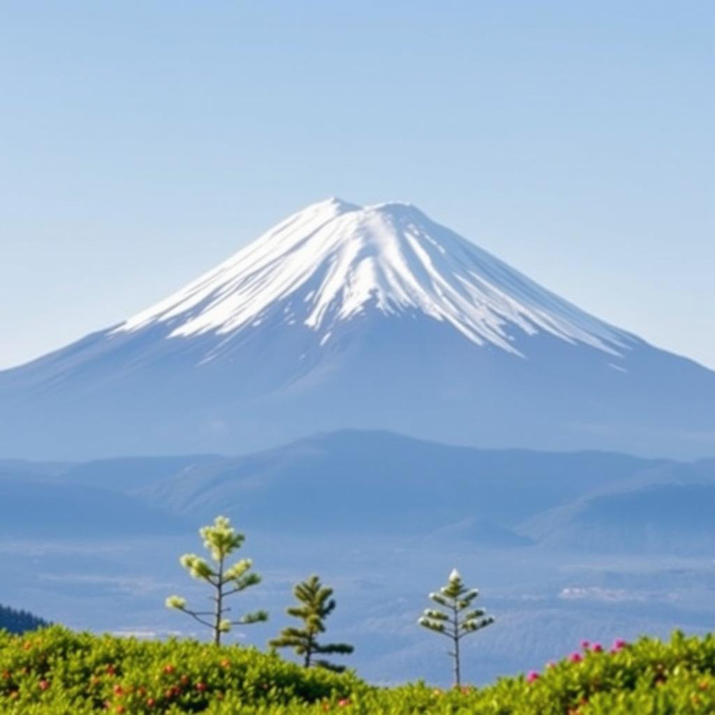 A majestic snowy Mount Fuji prominently featured, its peak slightly off-center, towering into a serene clear soft blue sky