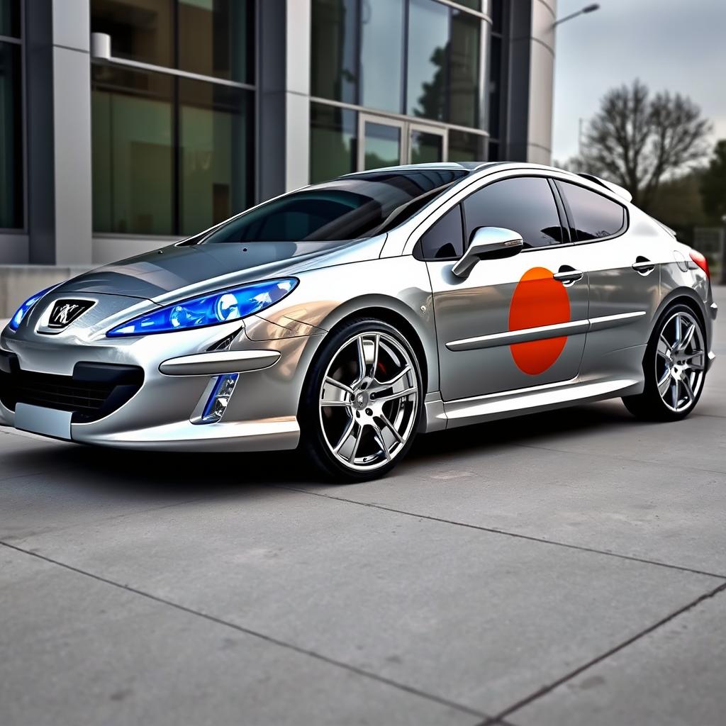 A customized Peugeot 407 Allure featuring a stunning chrome silver color that gleams in the light