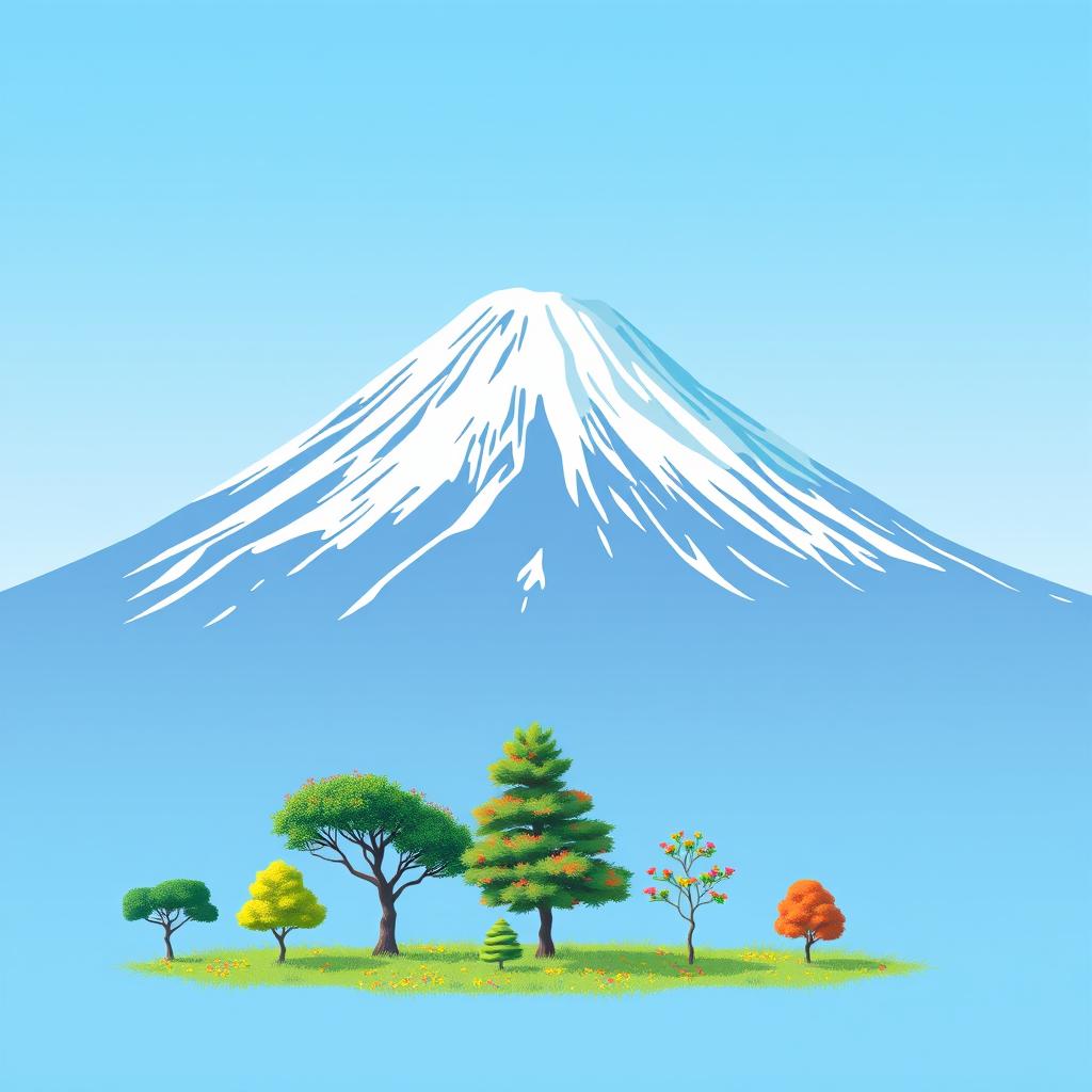 A majestic snowy Mount Fuji prominently featured with clear lines, its peak placed off-center, towering into a serene clear soft blue sky