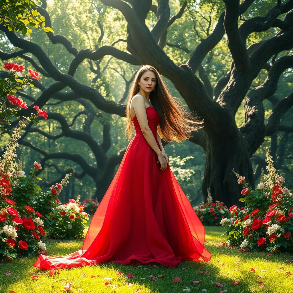 A young adult woman with long flowing hair, wearing an elegant red evening gown, standing gracefully amidst a lush, enchanting forest filled with vibrant flowers and ancient trees