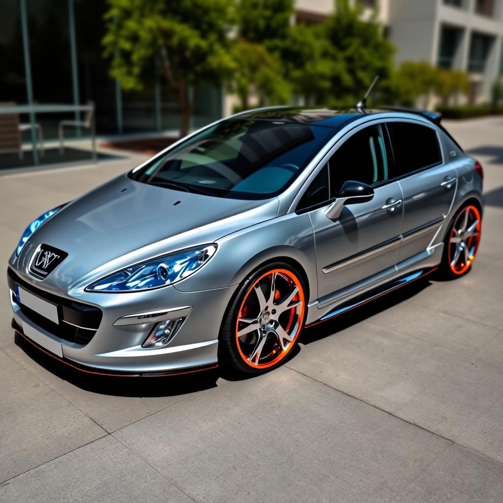 A customized Peugeot 407 Allure featuring an eye-catching chrome silver color that shines brilliantly in the light