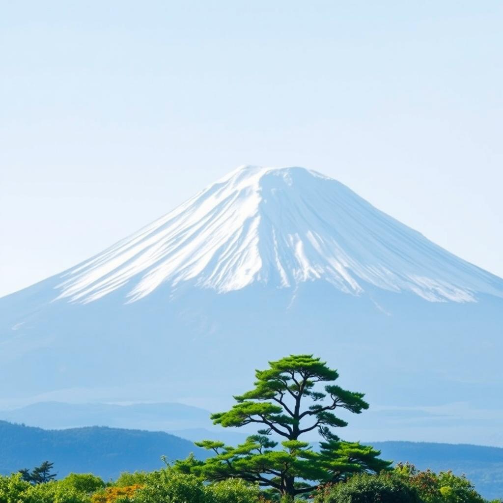 A majestic snowy white Mount Fuji prominently featured with clear lines, its peak placed off-center to the right, towering into a serene clear soft blue sky