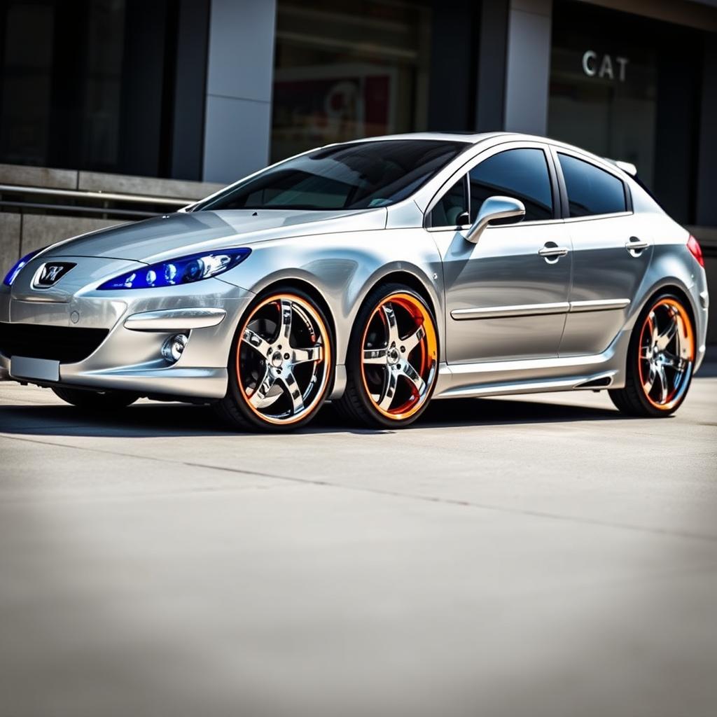 A customized Peugeot 407 Allure featuring a stunning chrome silver color that glistens under the light