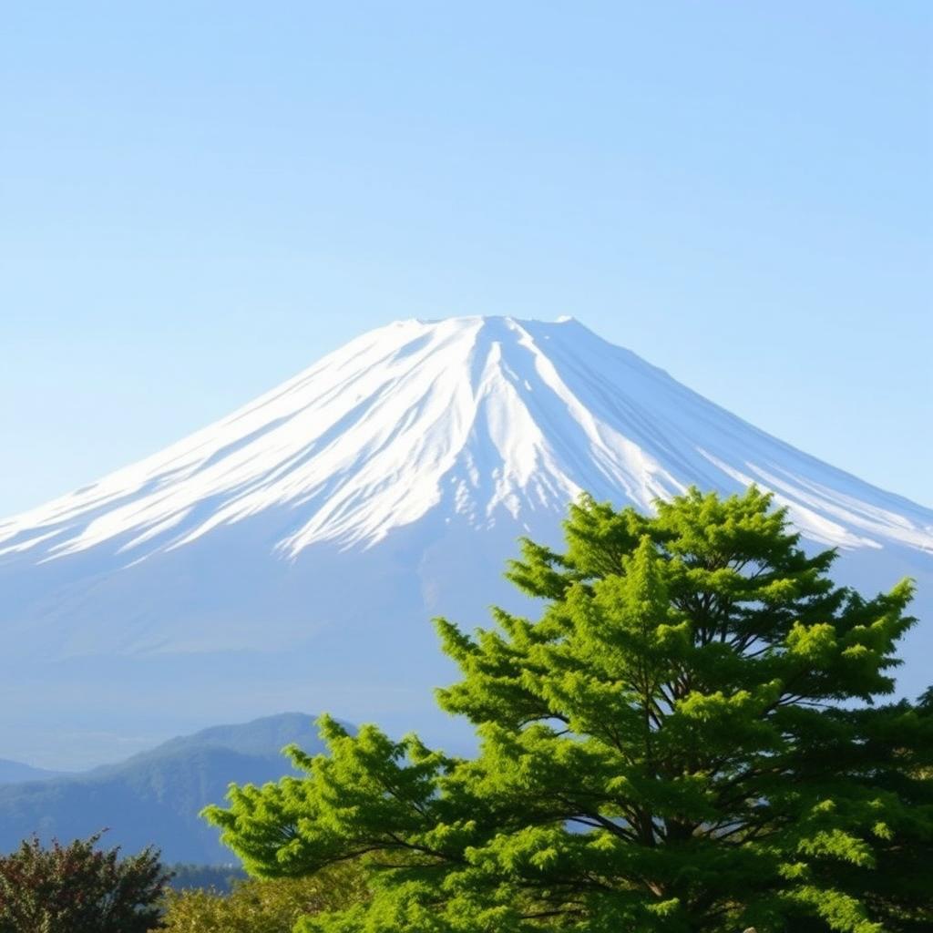 A majestic snowy white Mount Fuji prominently featured with clear lines, its peak placed off-center to the right, towering into a serene clear soft blue sky