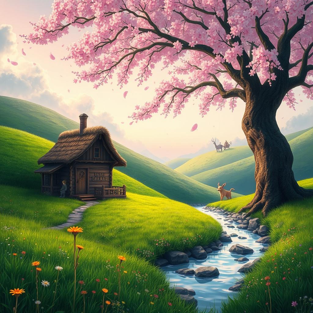 A serene, enchanting landscape inspired by Ghibli films, featuring lush, rolling hills covered in vibrant green grass and dotted with colorful wildflowers