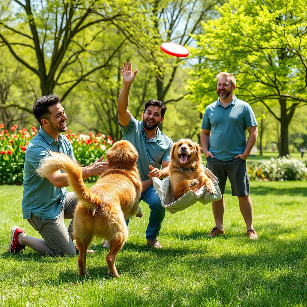 A heartwarming scene depicting a playful dog happily interacting with a group of men in a sunny park