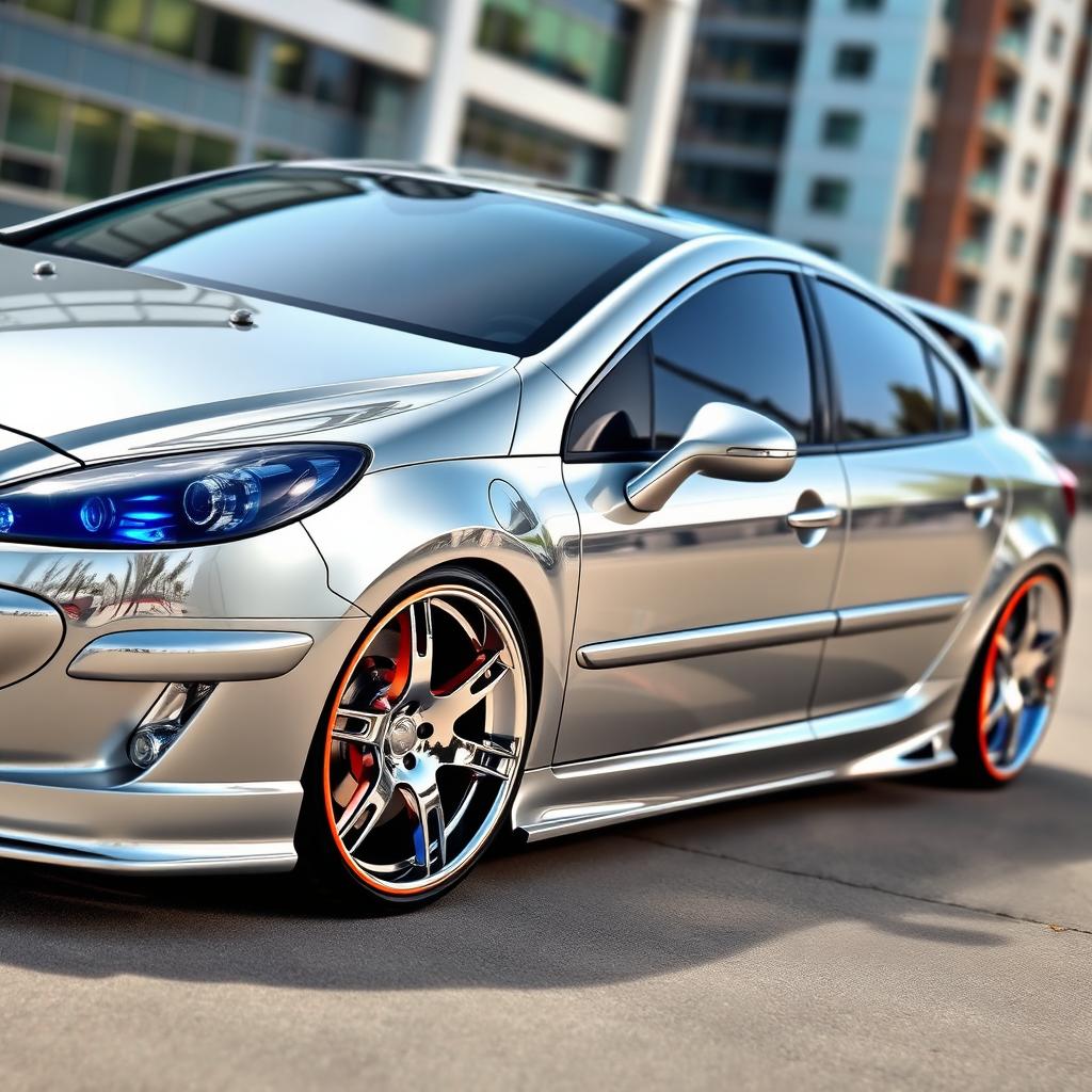 A customized Peugeot 407 Allure showcasing a striking chrome silver color that shines brilliantly
