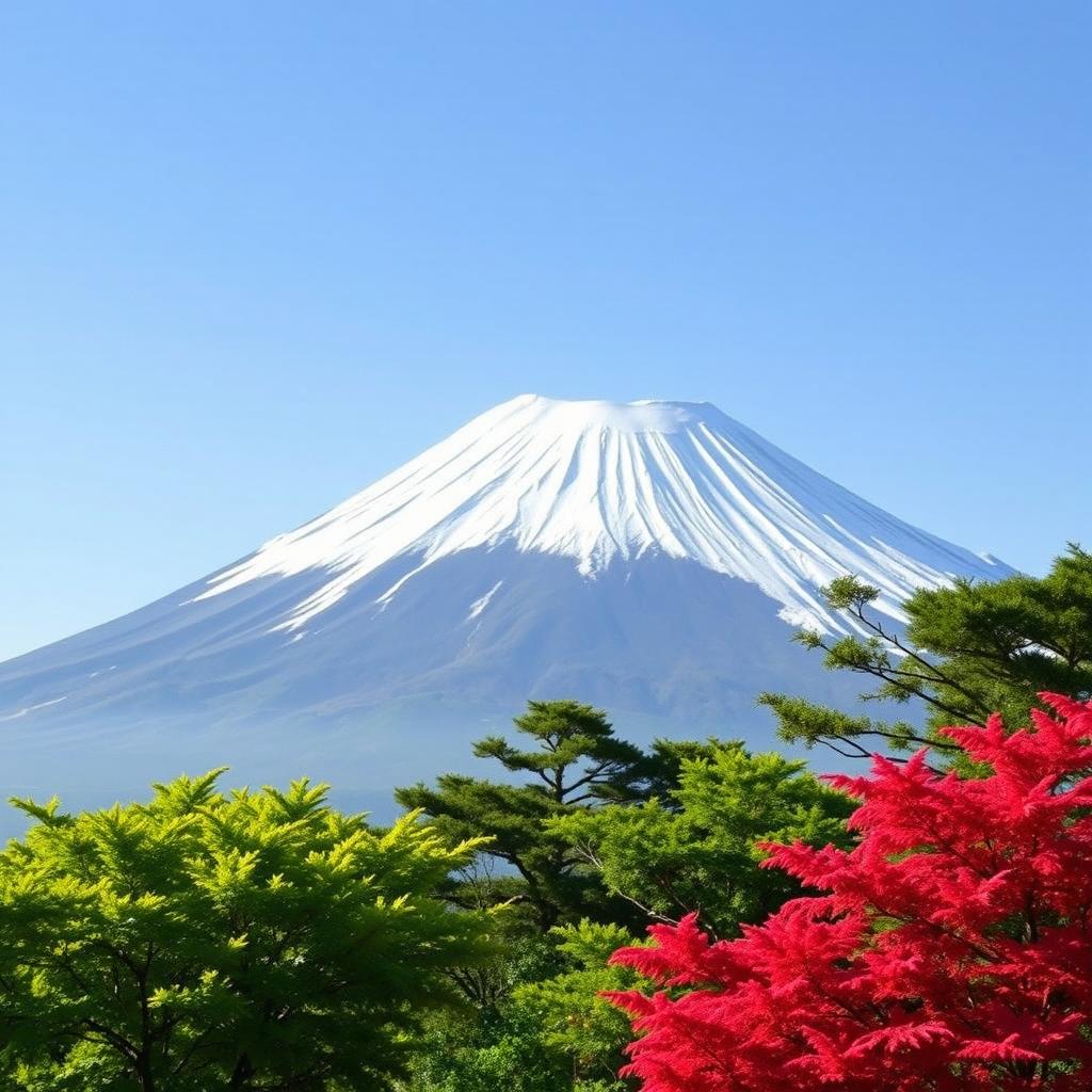 A majestic snowy white Mount Fuji prominently featured with clear lines, its peak placed off-center to the right, towering into a serene clear soft blue sky