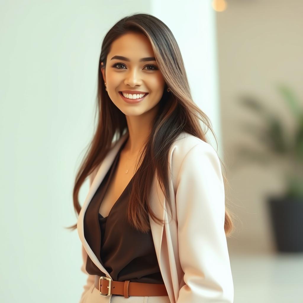 A portrait of a stylish woman with long flowing hair, elegantly dressed in a stylish outfit