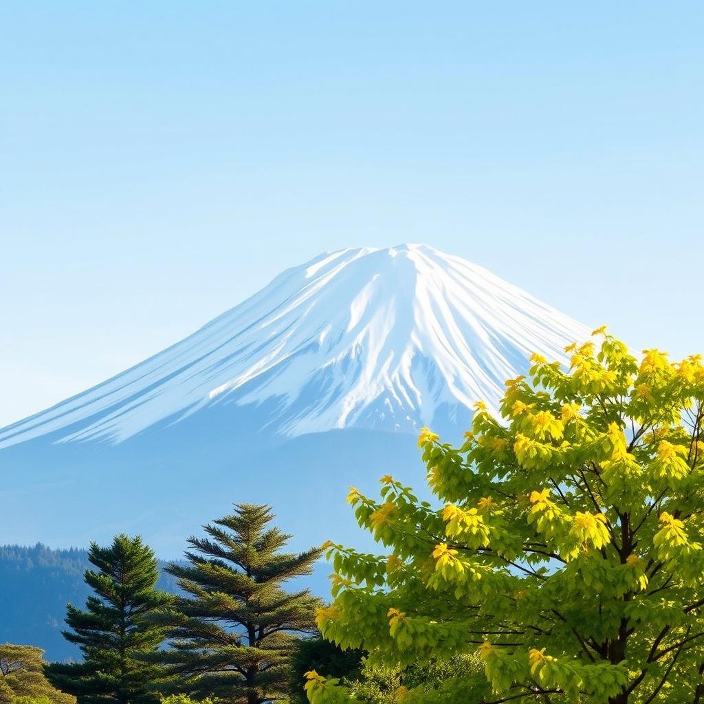 A majestic snowy white Mount Fuji prominently featured with clear lines, its peak placed off-center to the right, towering into a serene clear soft blue sky