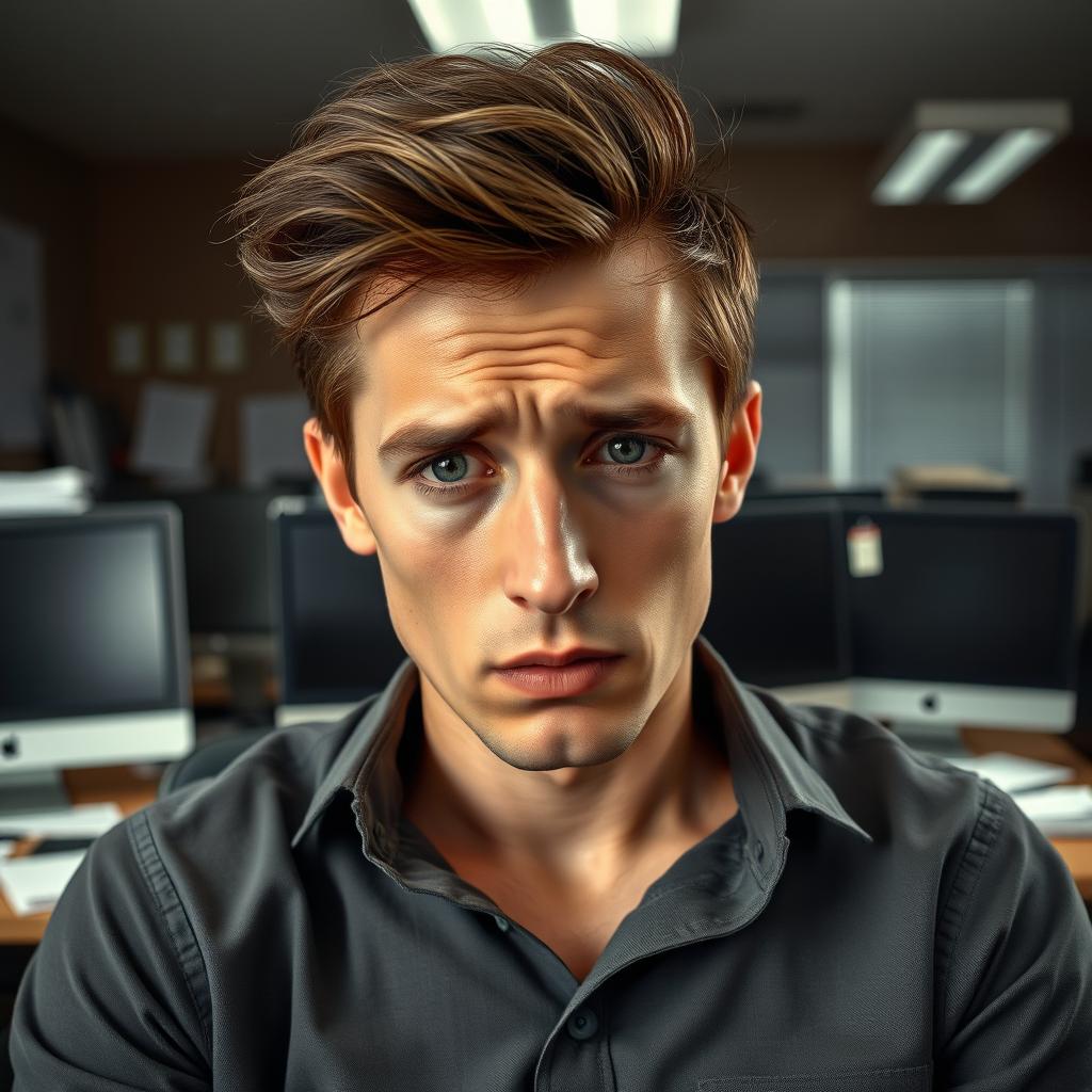 A slim young man aged between 25-30 with messy brown hair and visible dark circles under his eyes, slouching in a stiff office chair