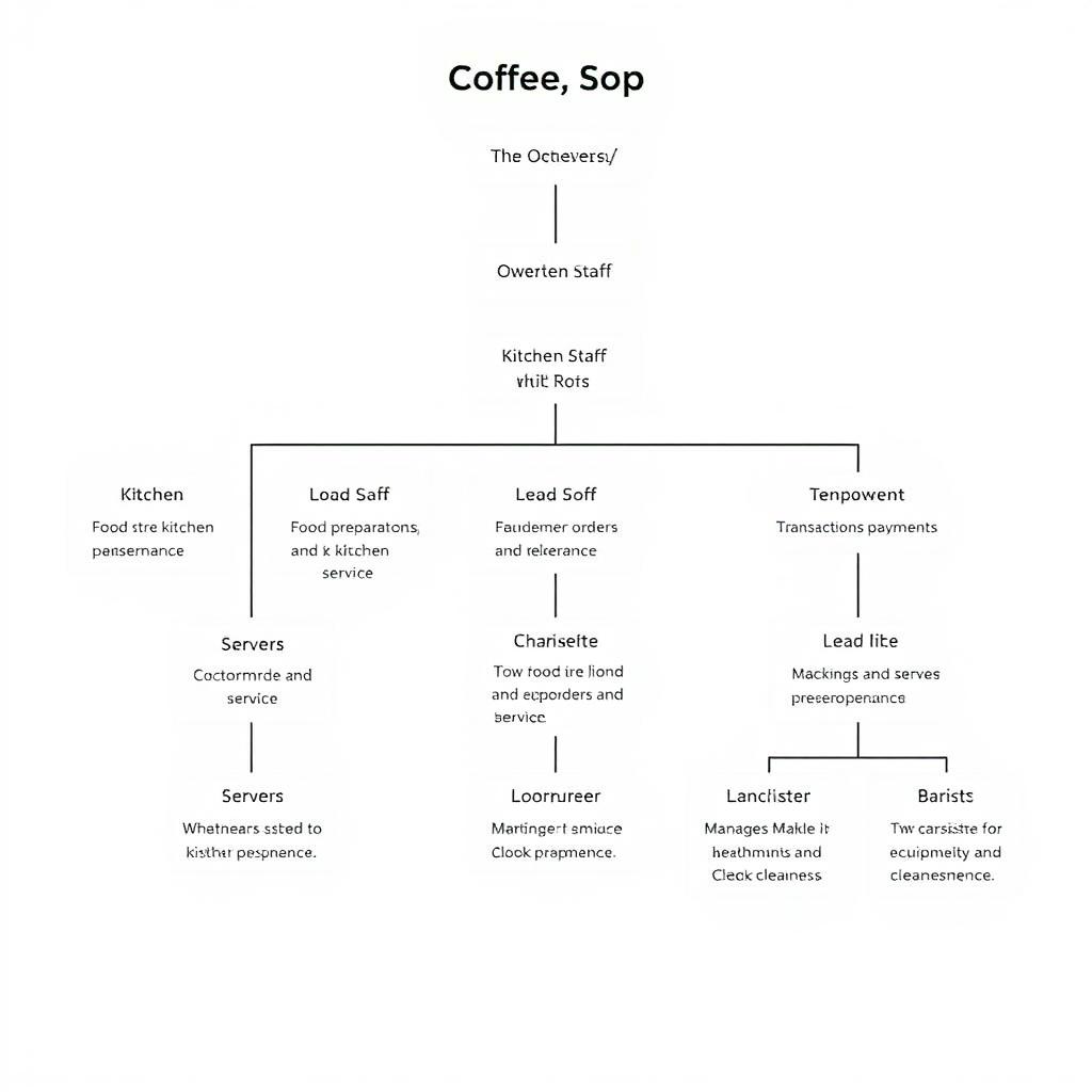 A detailed hierarchical organizational chart illustrating the duties and responsibilities of various roles in a coffee shop