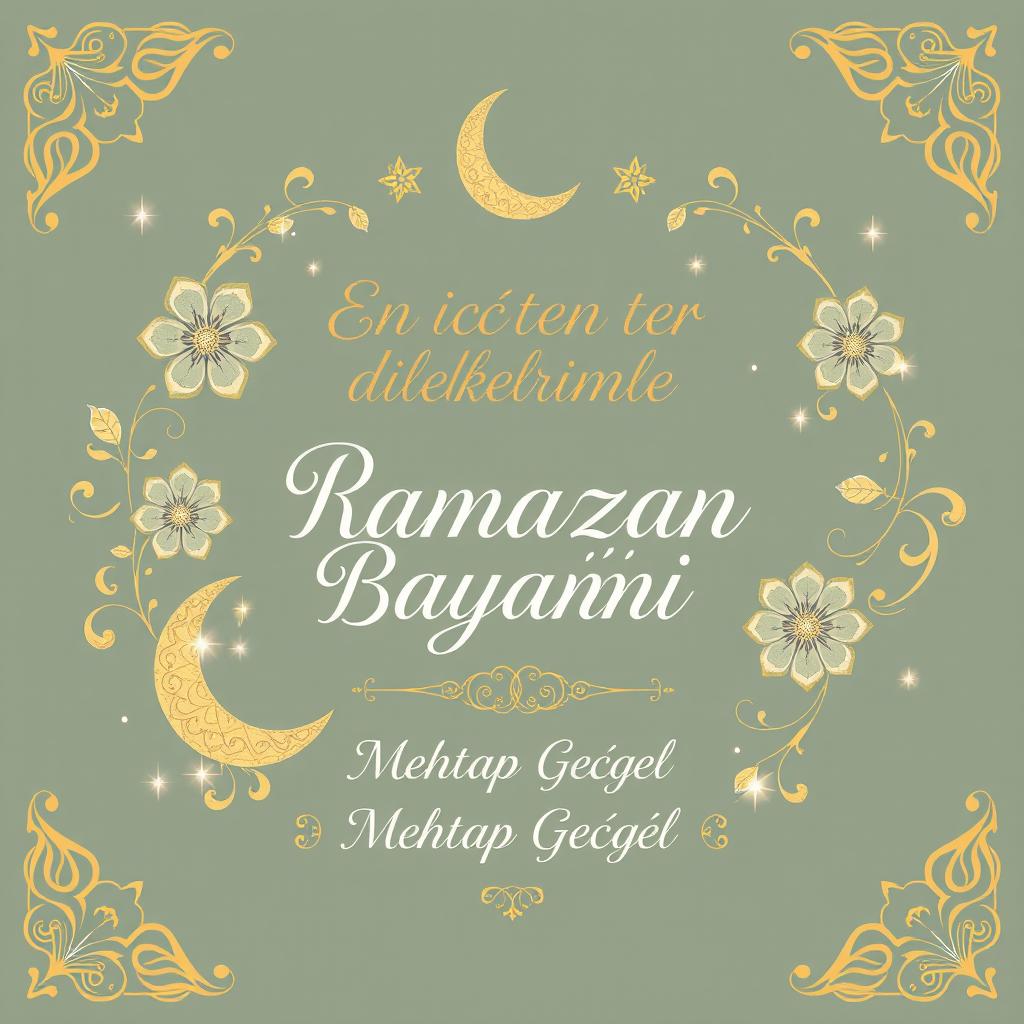 A beautiful and artistic greeting card design for Ramadan Bayram (Eid al-Fitr) featuring elegant floral motifs and intricate crescent moon patterns