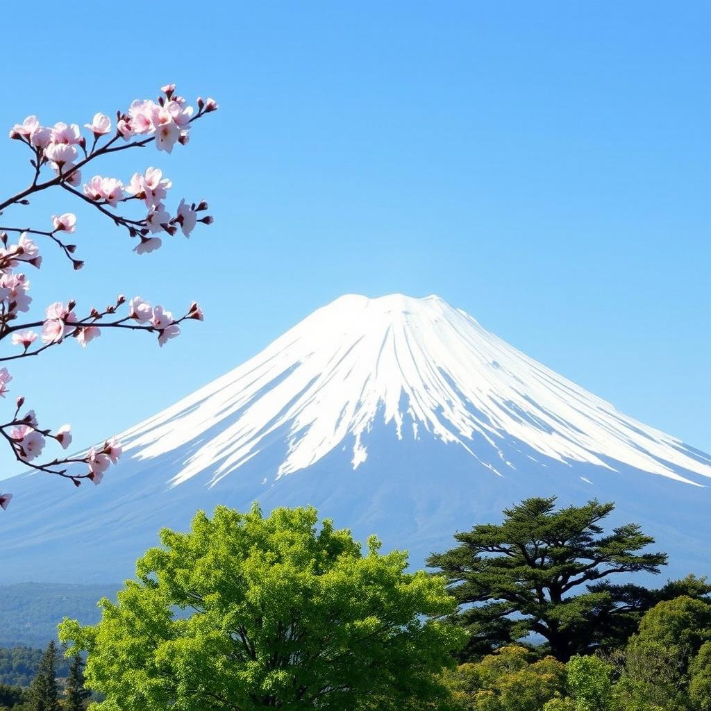 A majestic snowy white Mount Fuji prominently featured with clear lines, its peak placed off-center to the right, towering into a serene clear soft blue sky