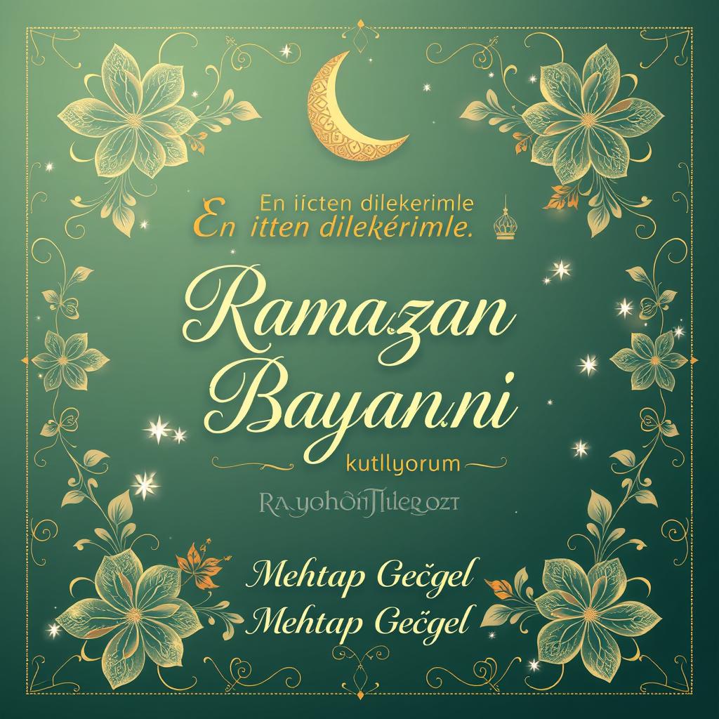 A beautiful and artistic greeting card design for Ramadan Bayram (Eid al-Fitr) featuring elegant floral motifs and intricate crescent moon patterns