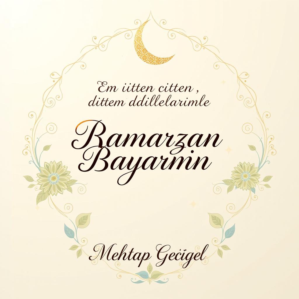 A beautiful and artistic greeting card design for Ramadan Bayram (Eid al-Fitr) featuring elegant floral motifs and intricate crescent moon patterns