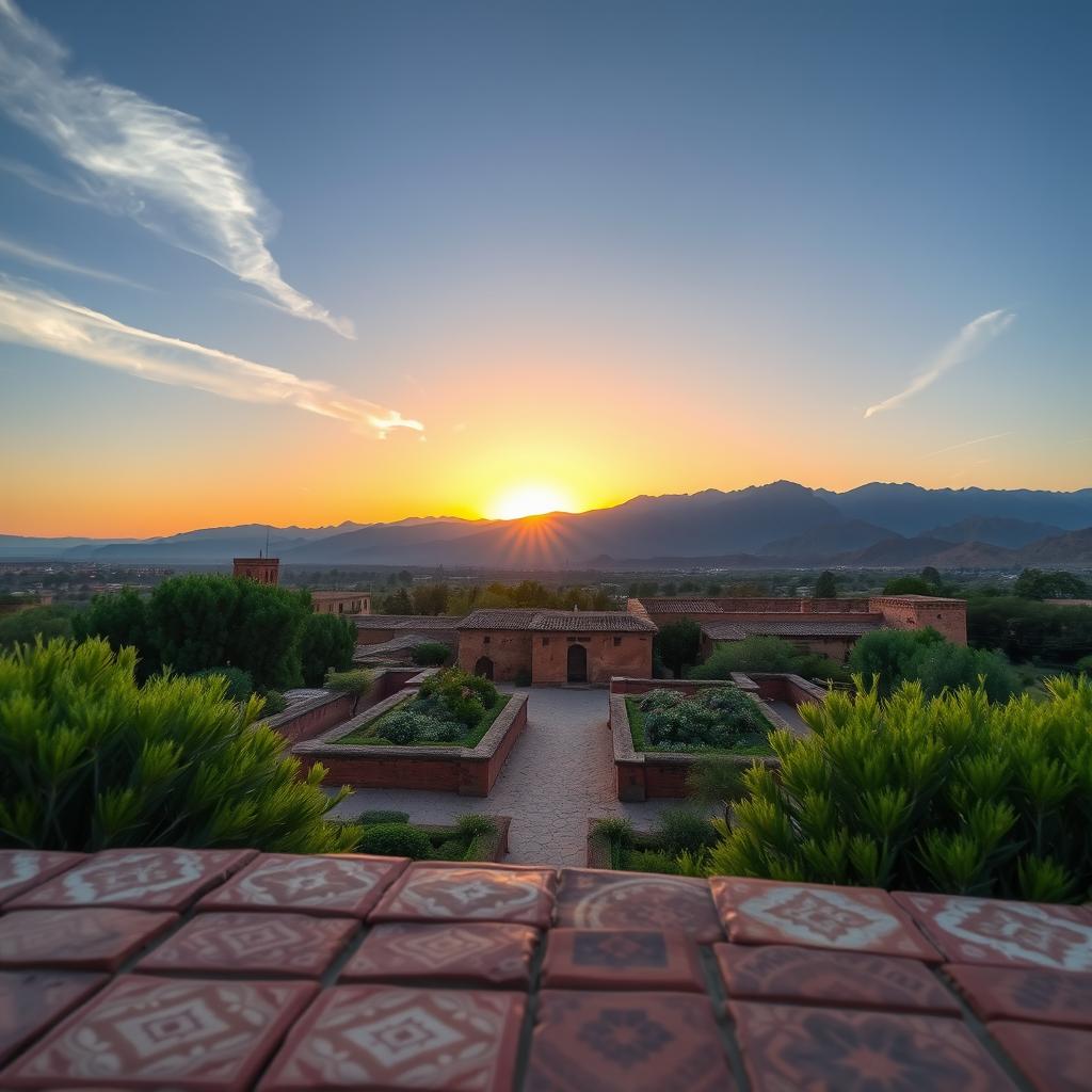 A serene landscape depicting a traditional Moroccan Ghbil Heritage site, featuring centuries-old rustic architecture surrounded by lush, vibrant green gardens