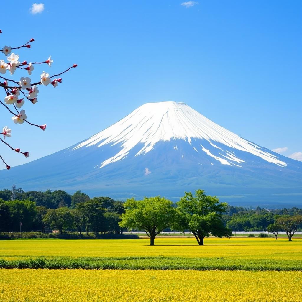 A majestic snowy white Mount Fuji prominently featured with clear lines, its peak placed off-center to the right, towering into a serene clear soft blue sky