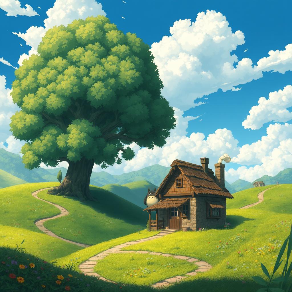 A whimsical Ghibli-inspired landscape filled with lush green rolling hills, winding paths, and vibrant wildflowers