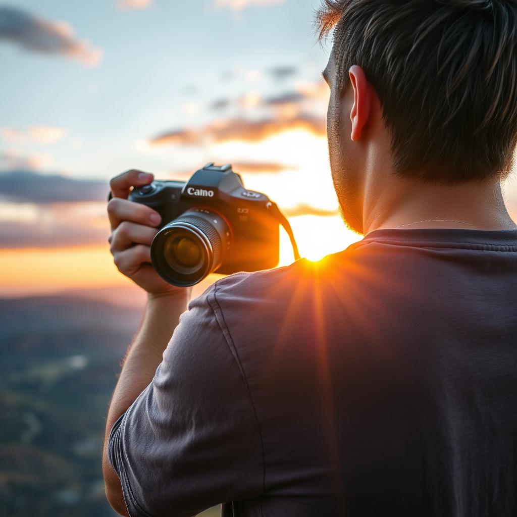A photographer wearing a casual, comfortable T-shirt that features a bold, branded inscription that reads "Pro Photo"