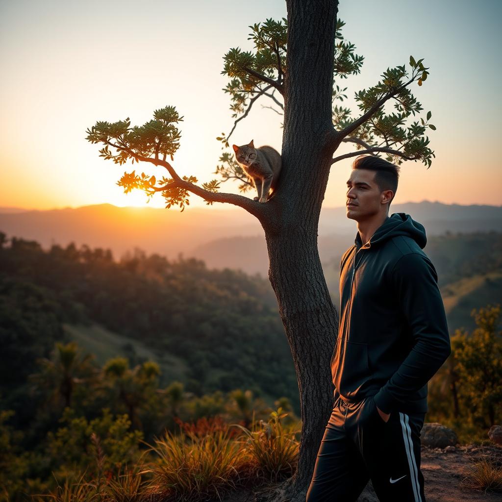 A majestic landscape featuring a tall, leafy tree with a playful cat perched on one of its branches, gazing curiously down
